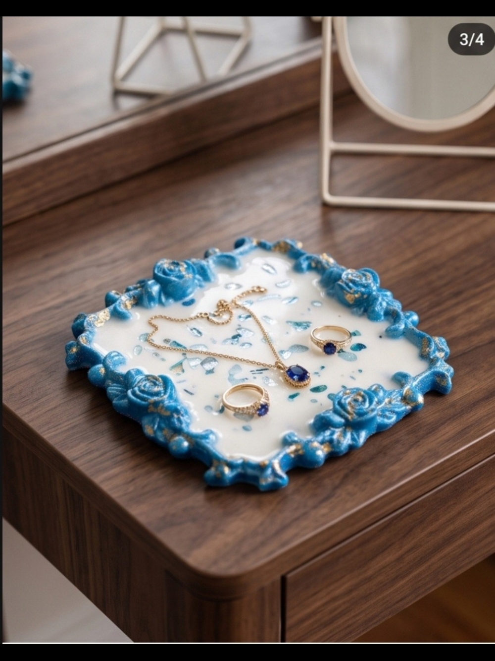 Blue Floral Resin cement Trinket Tray with Gold Accents